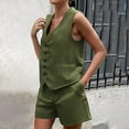 thumbnail image 2 of Women Summer 2 Piece Outfits Retro V Neck Sleeveless Button Down Vests Shorts Sets with Pockets Casual Business Work Matching Set 2024, 2 of 4