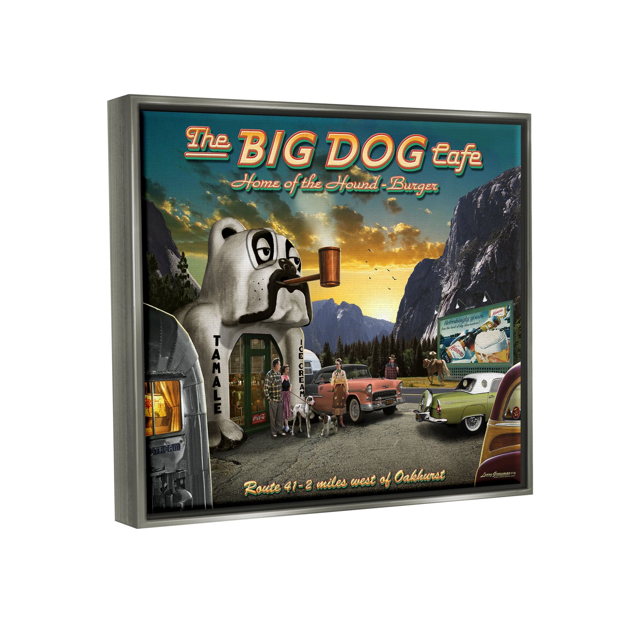 Stupell Industries Big Dog Cafe Scenery Transportation Painting Gray Floater Framed Canvas Art Print Wall Art, 31 x 25