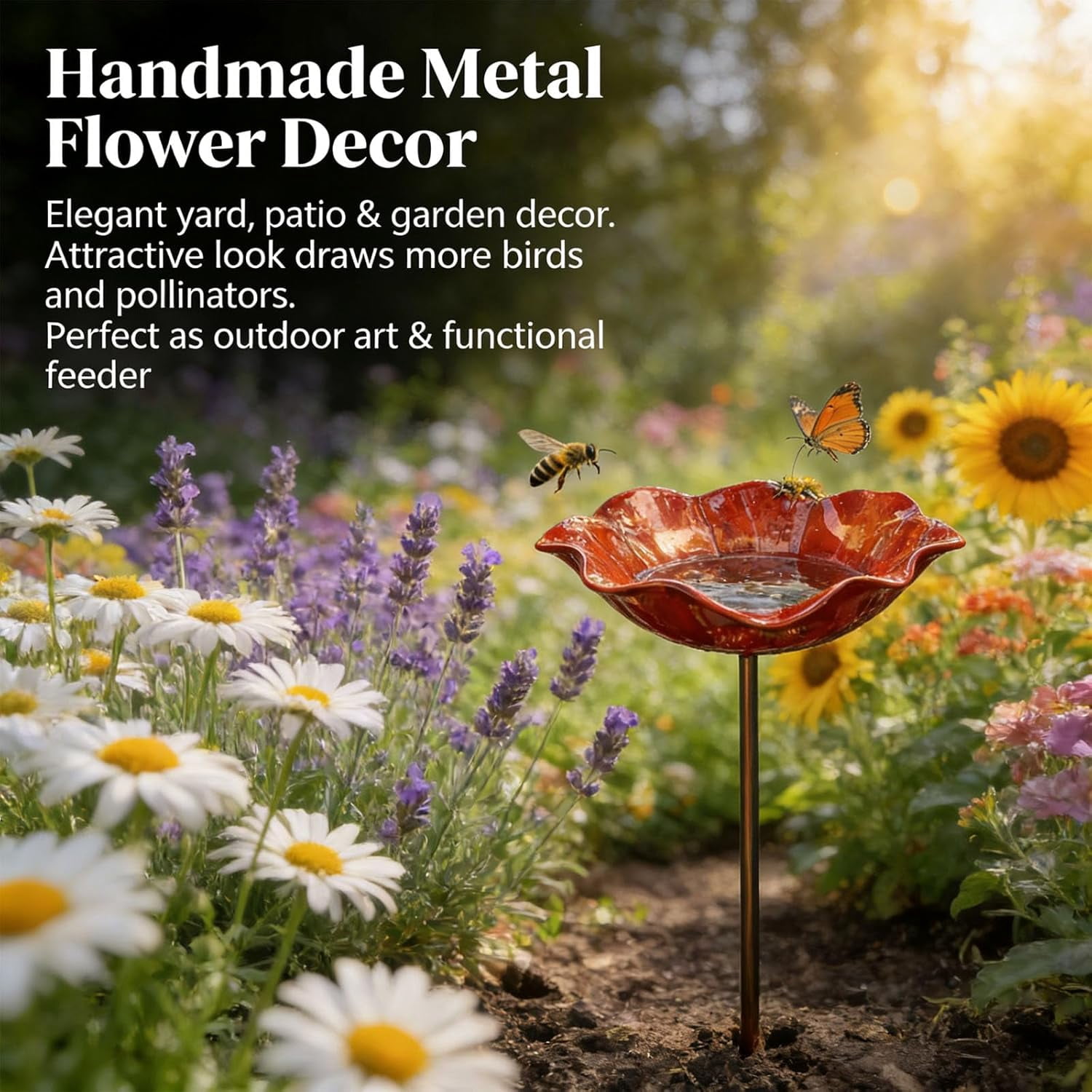Handmade Metal Flower Garden Stake with Bird Bath & pollinator Water Station, Bee Bath for Garden Metal Bee Water Feeder with Flower Design for Outdoor Yard Decor (Blue)