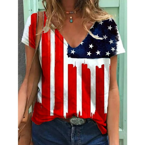 4th of July Tshirts for Women Fashion American Flag Top Patriotic Stars ...