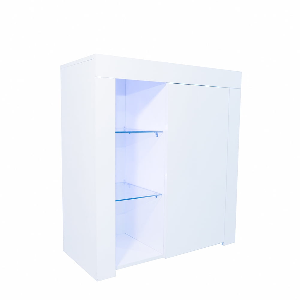 Keooman Modern Sideboard with Blue LED Light, Wooden Kitchen Buffet Bar Storage Cabinet with Shelves & Door for Dining Room Hallway, White