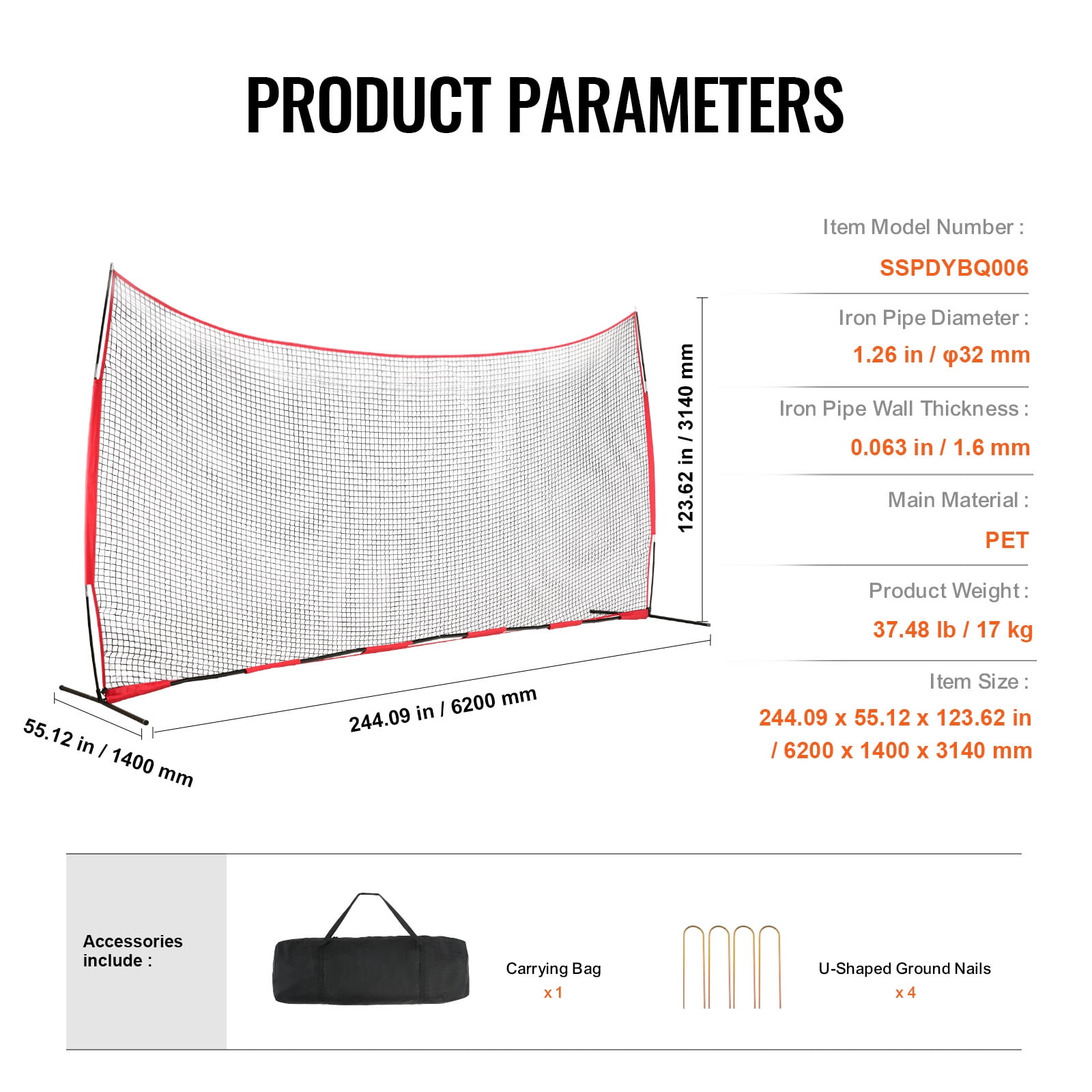 KFFKFF Barricade Backstop Net,Portable 20x10 Feet Barrique Backyard Softball Sports Obstacle Softball Training Net w/ Carry Bag for Baseball Softball Lacrosse Soccer Hockey Training