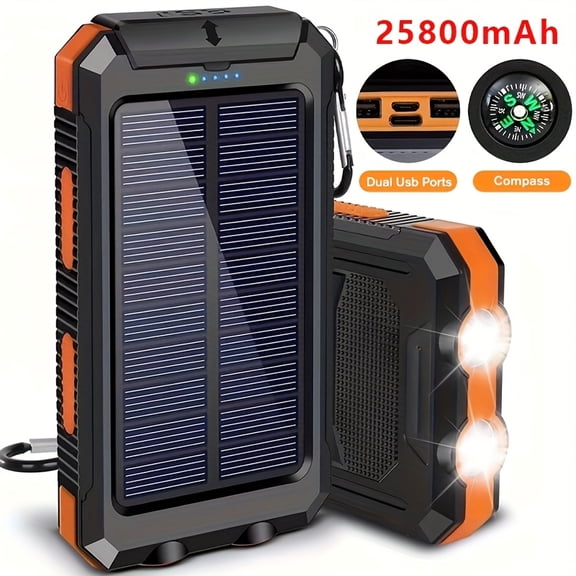 Solar Power Bank 25800mAh Fast Charging 22.5W Portable Charger with Emergency Light & Detachable Cables for Travel Camping Outdoor