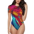 thumbnail image 1 of Saiise Pyjama à Manches Courtes Motif Tourbillons Abstraits Colorés pour Femmes Col Rond Justaucorps Extensible avec Fermeture à Pression-TTG, 1 of 7