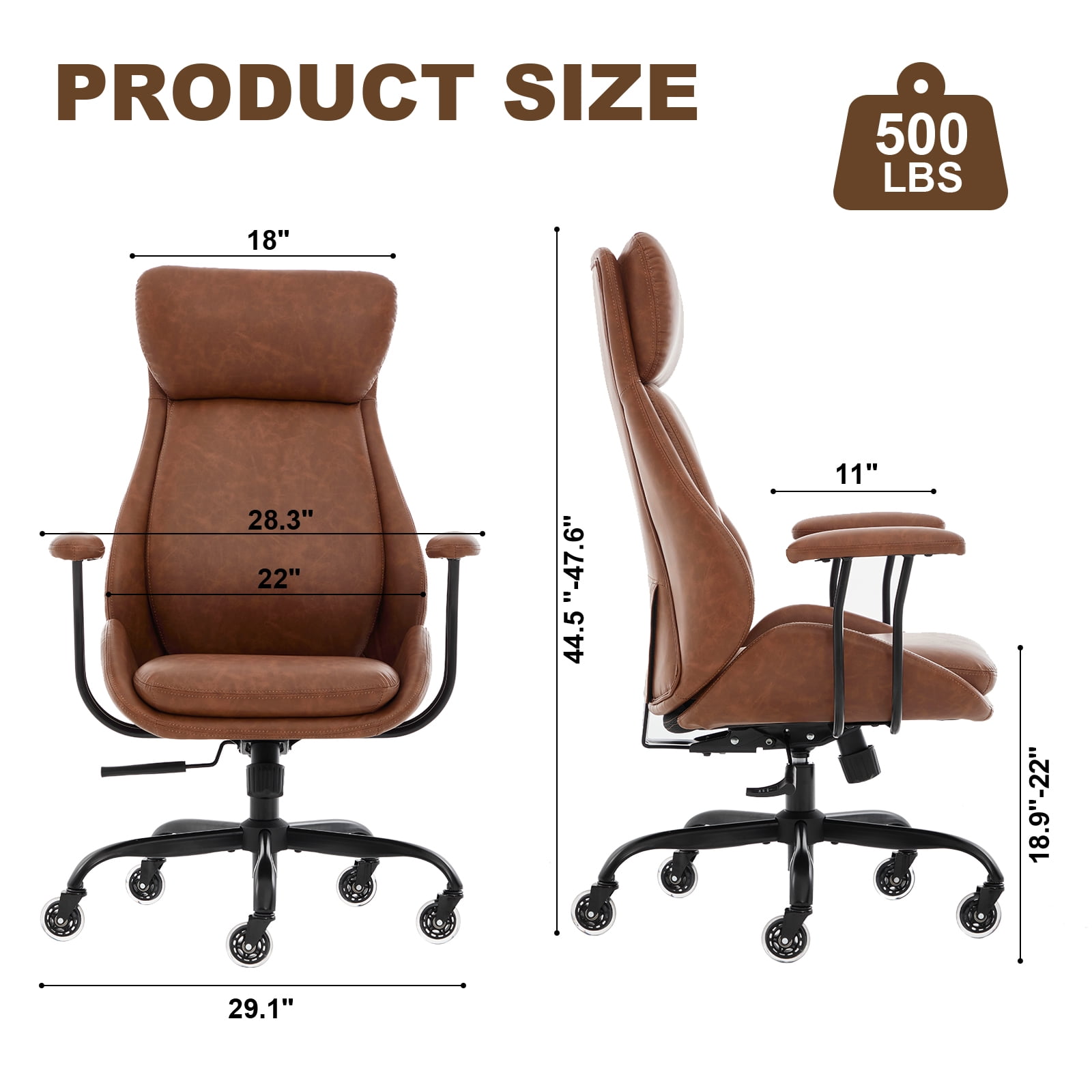 E-Motie Home Office Desk Chair, Ergonomic Computer Chair with Lumbar Support and Head Support, High Back Office Chair with Armrests, Adjustable Height, Rubber Casters, Brown Leather