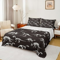 Manfei Dinosaur Skeleton Twin Sheet Sets,Dino Skull Twin Fitted Sheet,White Black Flat Sheet For Boys Kids,Ultra Soft Home Decor,3 Pieces