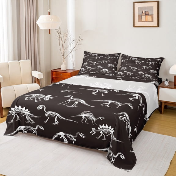 Manfei Dinosaur Skeleton Twin Sheet Sets,Dino Skull Twin Fitted Sheet,White Black Flat Sheet For Boys Kids,Ultra Soft Home Decor,3 Pieces
