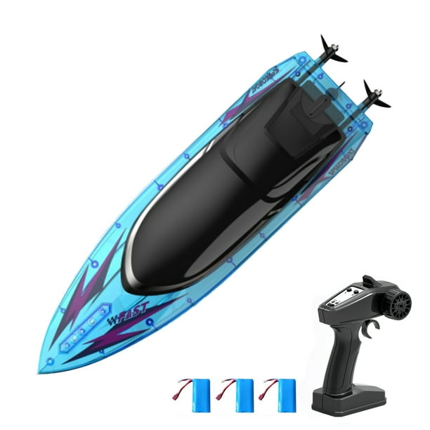 Barco de control remoto para adultos y niños, 2,4 GHz 30 km/h lancha rápida de control remoto para piscina y lago, barco eléctrico de juguete con luces LED, 3 baterías (azul transparente)