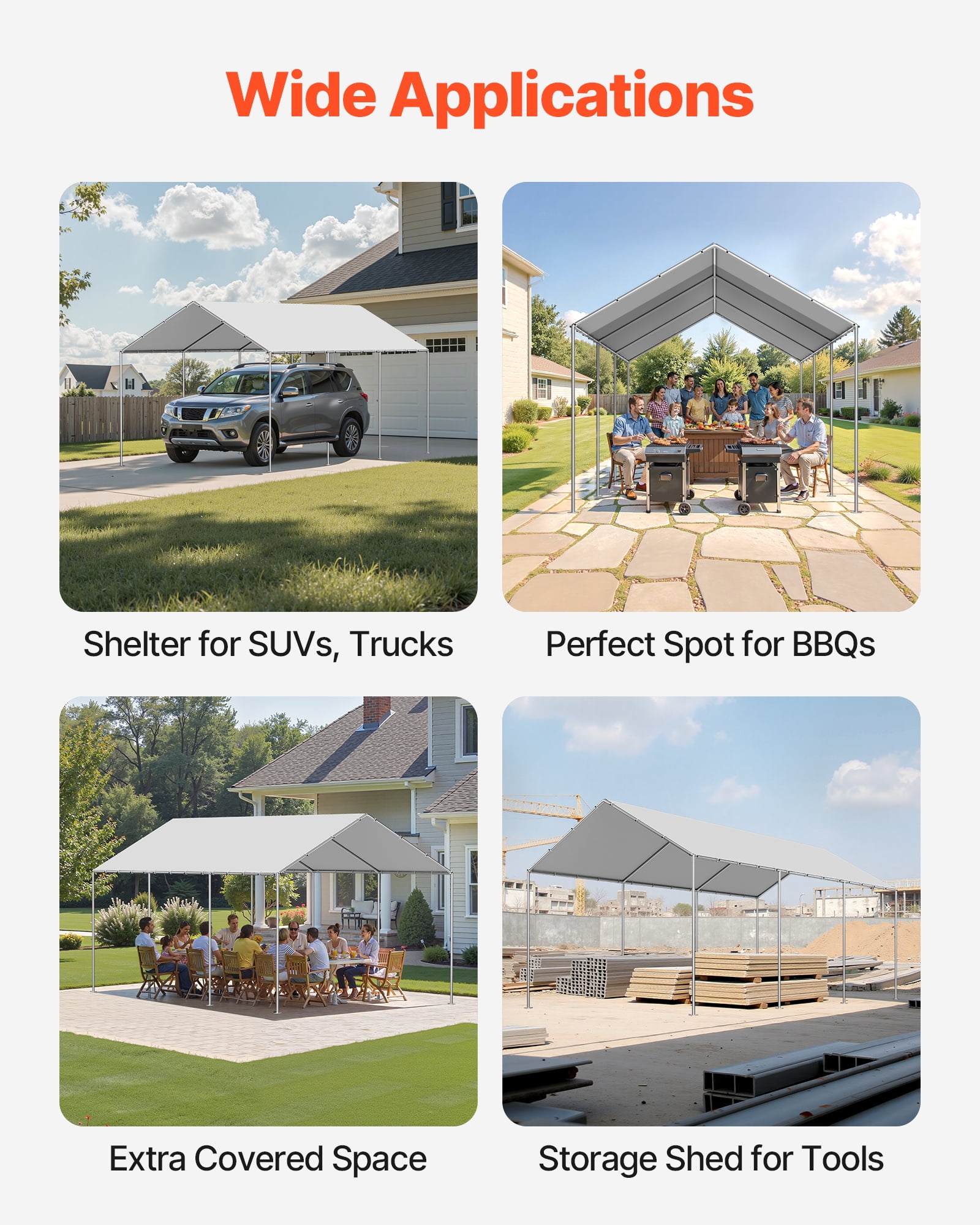 VEVOR Carport Replacement Canopy, 10 x 20 ft Potable Garage Tent Top Tarp, UV-Resistant & Waterproof Car Shelter Tarp, Heavy Duty Car Port Cover with Ball Buggees, Grey, Frame Not Included