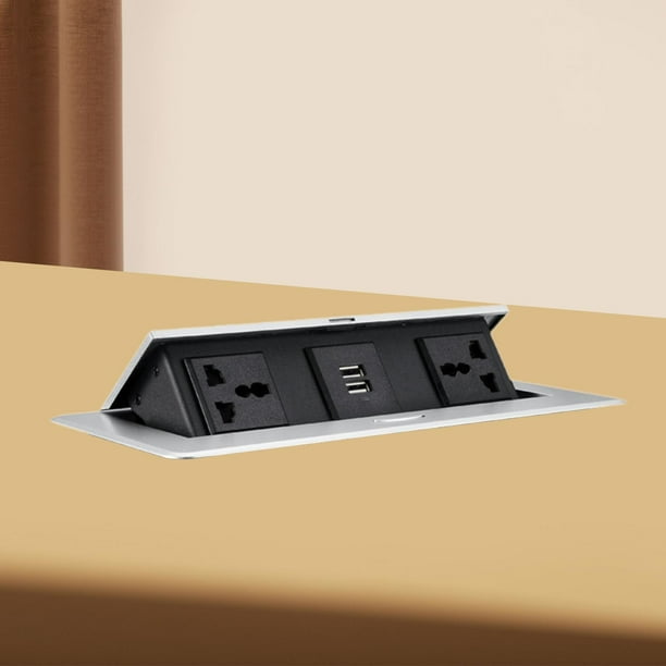 Toma de corriente oculta Regleta empotrada Caja de conectividad para encimera Toma de corriente versátil para espacios de trabajo Puertos USB dobles Plata