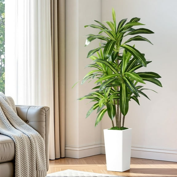 Artificial Dracaena Tree, 5 ft Moldable Fake Plants with 5 Realistic Trunks, Accompanied by White High-leg Flower Pots, Suitable for Any Home Decoration, Workplace, Outdoor Spaces.