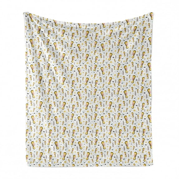 Underwater Soft Flannel Fleece Blanket, Funny Seahorse and Coral Reef Starfish Spiral Seaweeds in Pastel Tones, Cozy Plush for Indoor and Outdoor Use, 50" x 60", Mustard Dust White, by Ambesonne