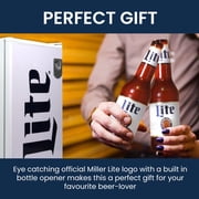 Miller Lite Compact Fridge w/ Bottle Opener, 3.2 cu ft (90L), White, Space-Saving Flat Back Design, Reversible Door, Tempered Glass Shelves, Licensed Miller Lite Artwork, Perfect for Beer-Lovers