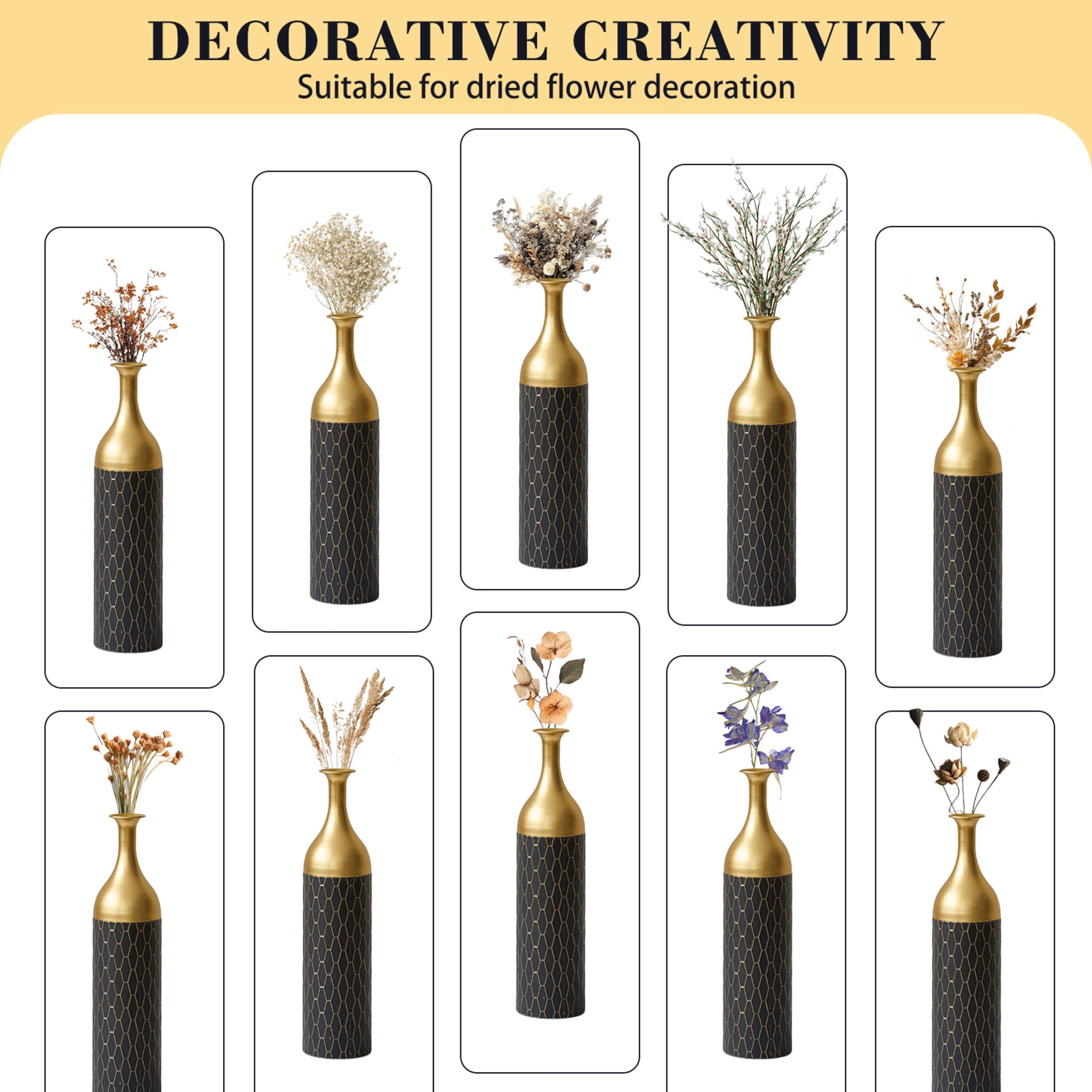 Noble House 34.25", 30.31", 24.8" Honeycomb Pattern Vase Set, 3-Piece Decorative Floor Vases, Black+Gold