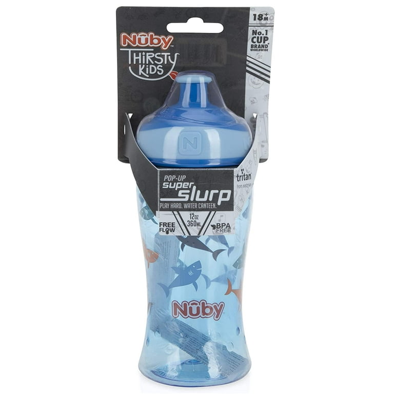Nuby Thirsty Kids Tritan Free Flow Pop Up Super Slurp Water Bottle, Shark,  1 Pack, 12 Oz