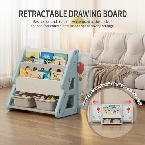 UNICOO® Toddler 3 in 1 Art Board Bookshelf and Organizer, 2-Tier Bookshelves with Storage Rack & Bins, Retractable Drawing Board, Lightweight & Compact for Nursery, Playroom(Blue & White)