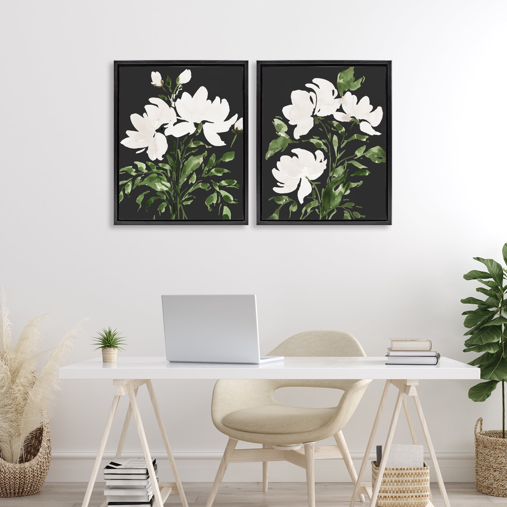 Stupell Industries White On Black Blooms 2 Piece Black Framed Floater Canvas Set, design by Lucille Price
