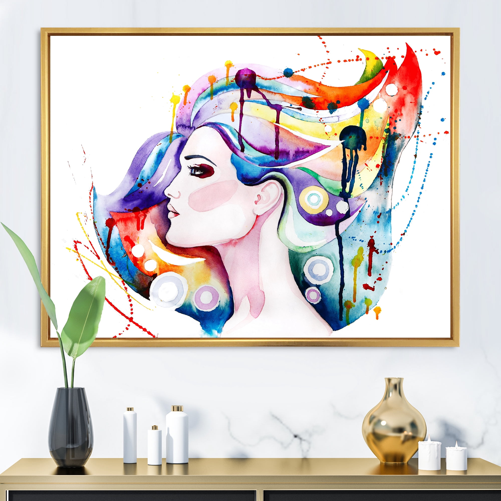 Designart 'Beautiful Young Woman With Colorful Hair' Traditional Framed Canvas Wall Art Print