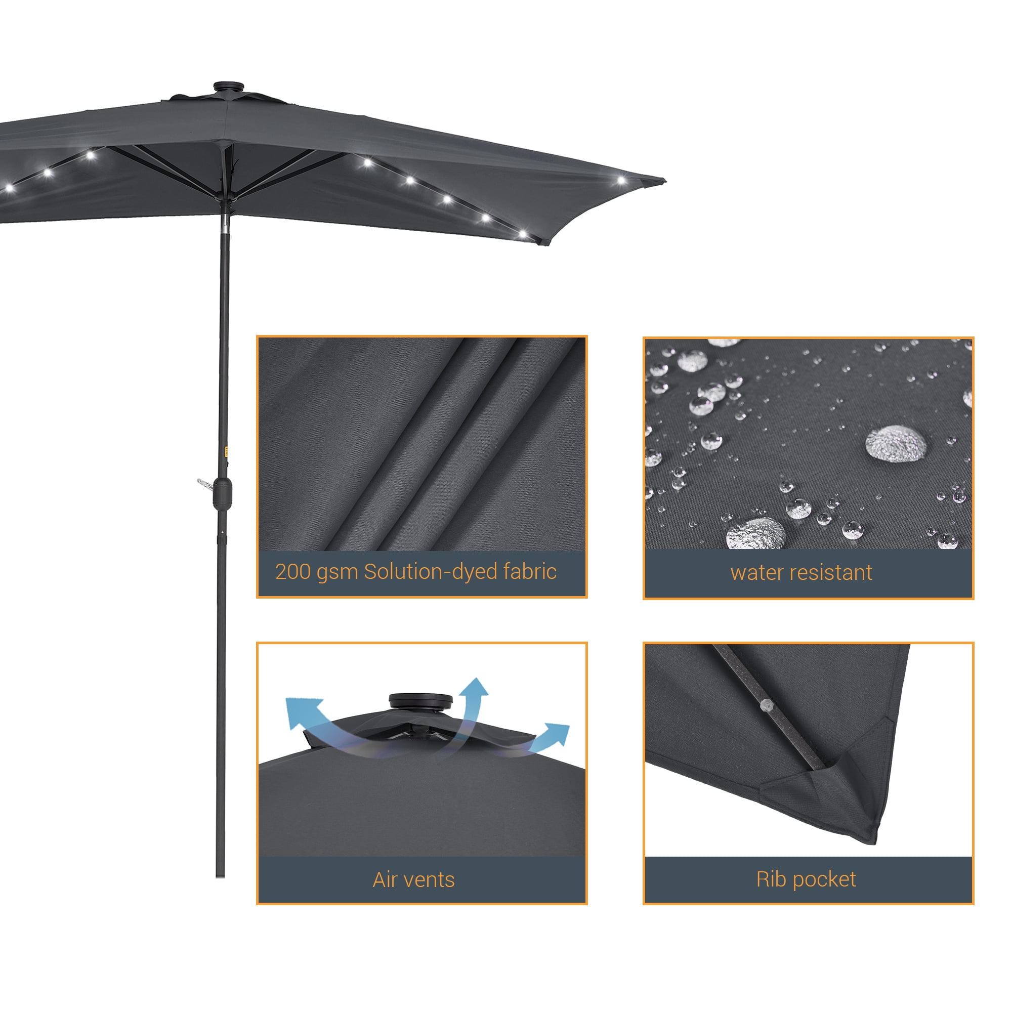 ACEGOSES 10x 6.5ft LED Solar Outdoor Patio Rectangle Table Umbrellas with Non-Fading Canopy for Garden and Yard,Anthracite