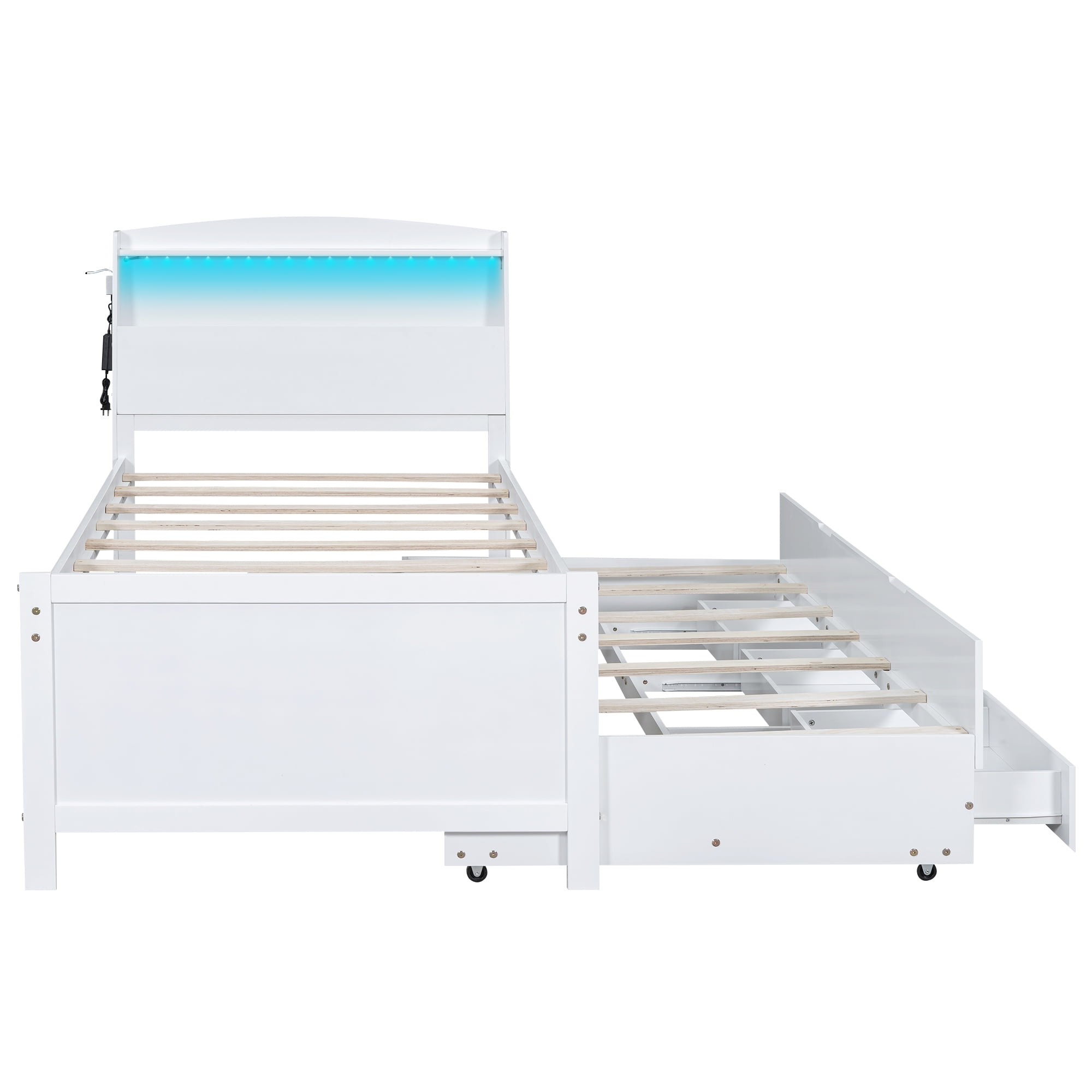 Euroco Wood Twin Size Platform Bed with Storage Headboard, Drawers Trundle and LED Light, White