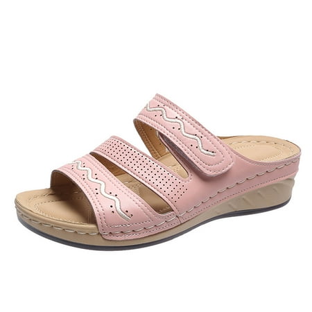 

Lyinloo Summer New Fashion Casual Outdoor Mid-heel Women s One-line Slope Heel Slippers Pink 39