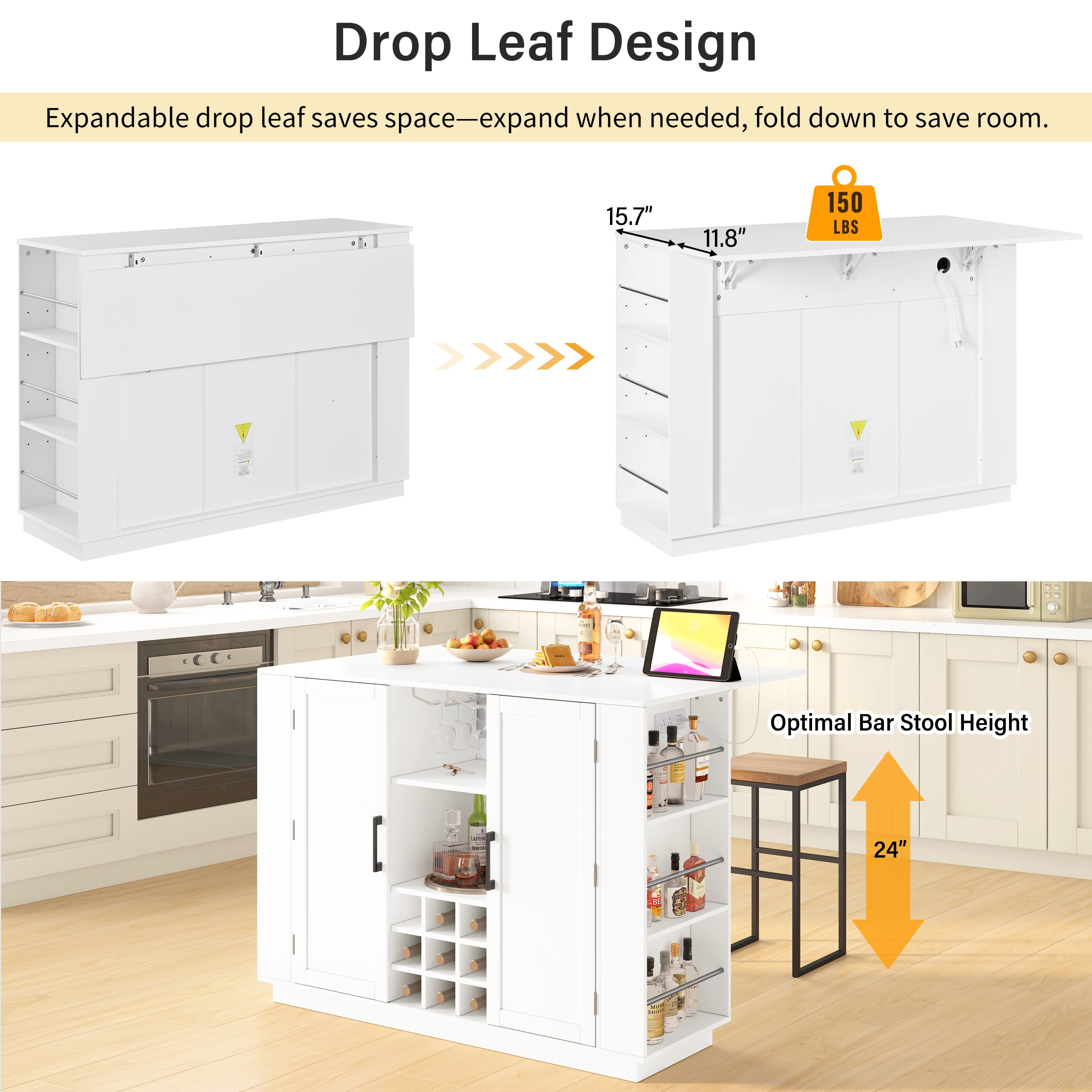 47.2-Inch Counter Height Kitchen Island with Foldable Drop Leaf Tabletop, Sideboard Buffet Bar Cabinet with Wine Rack and Glass Holder, Storage Cabinet for Dining Room, White