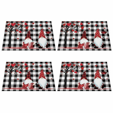 

4Pcs Happy Valentines Day Placemat Truck Gnome Wood Grain Striped Printed Heat-Insulated Waterproof Non-Slip Table Mat