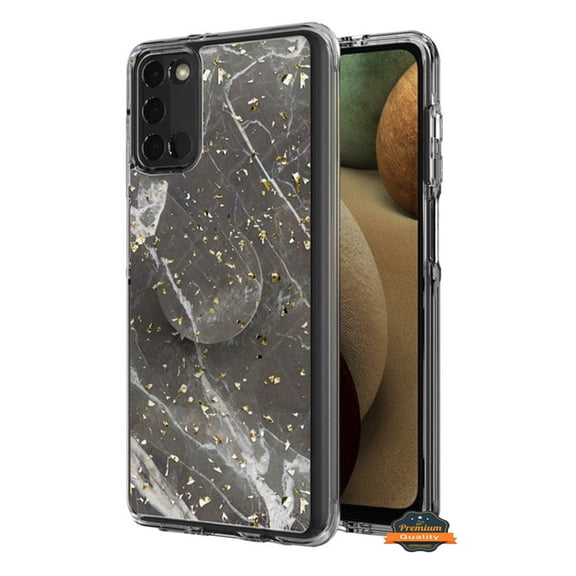 For Samsung Galaxy A03S Elegant Pattern Design Bling Glitter Hybrid Cases with Ring Stand Pop Up Finger Holder Kickstand Phone Cover by Xpression [Marble Gray]