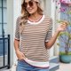 thumbnail image 5 of Camisas de Corta de Verano para Mujer, Suéter A Rayas, Lindas Blusas Casuales de Punto con Cuello Redondo A Color Café S, 5 of 9