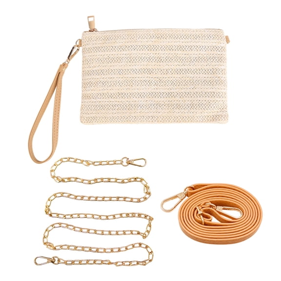 Women Straw Crossbody Purse, Detachable Chain Strap Clutch Bag Straw Wristlet Wallets for Girls Womens