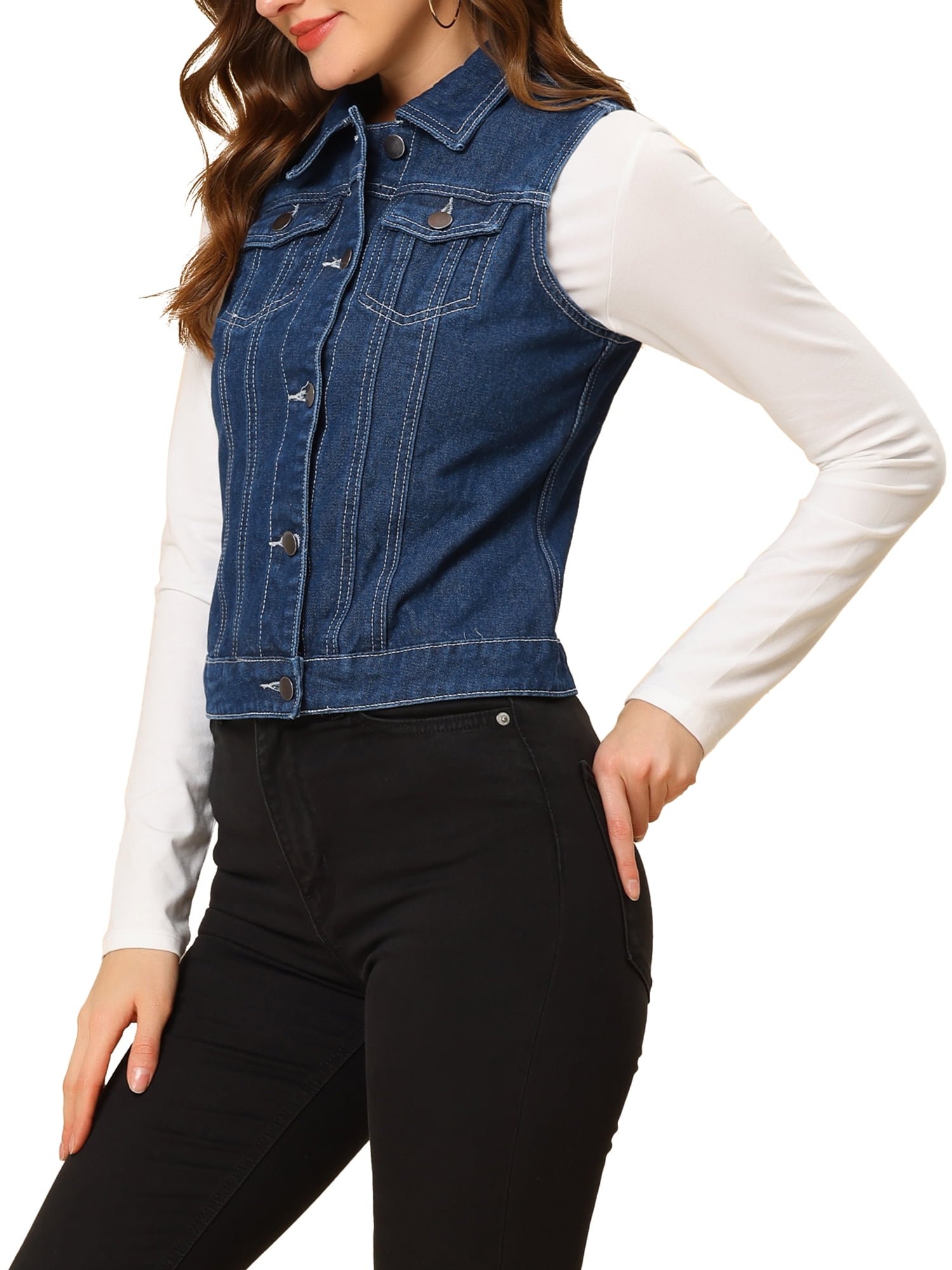 DARING DIVA Women's Denim Sleeveless Flap Pockets Vest Jacket XL Dark Blue-1