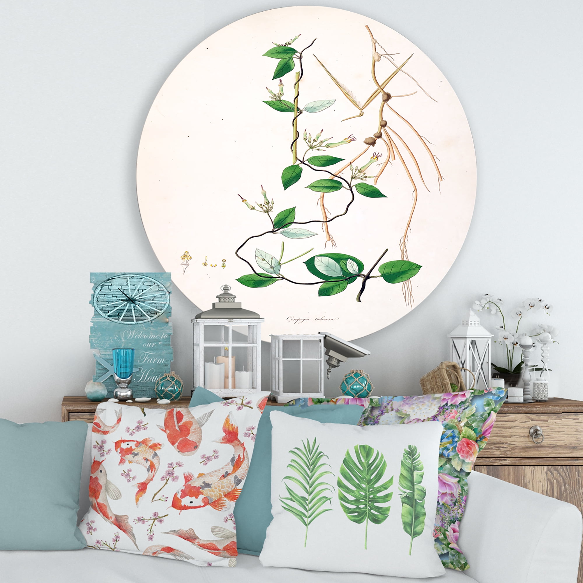 Designart 'Ancient London Plants IV' Farmhouse Circle Metal Wall Art 29x29 - Disc of 29