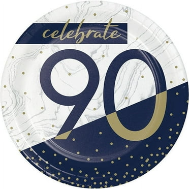 96 Count Bulk Pack Navy and Gold 90th Birthday Dessert Plates