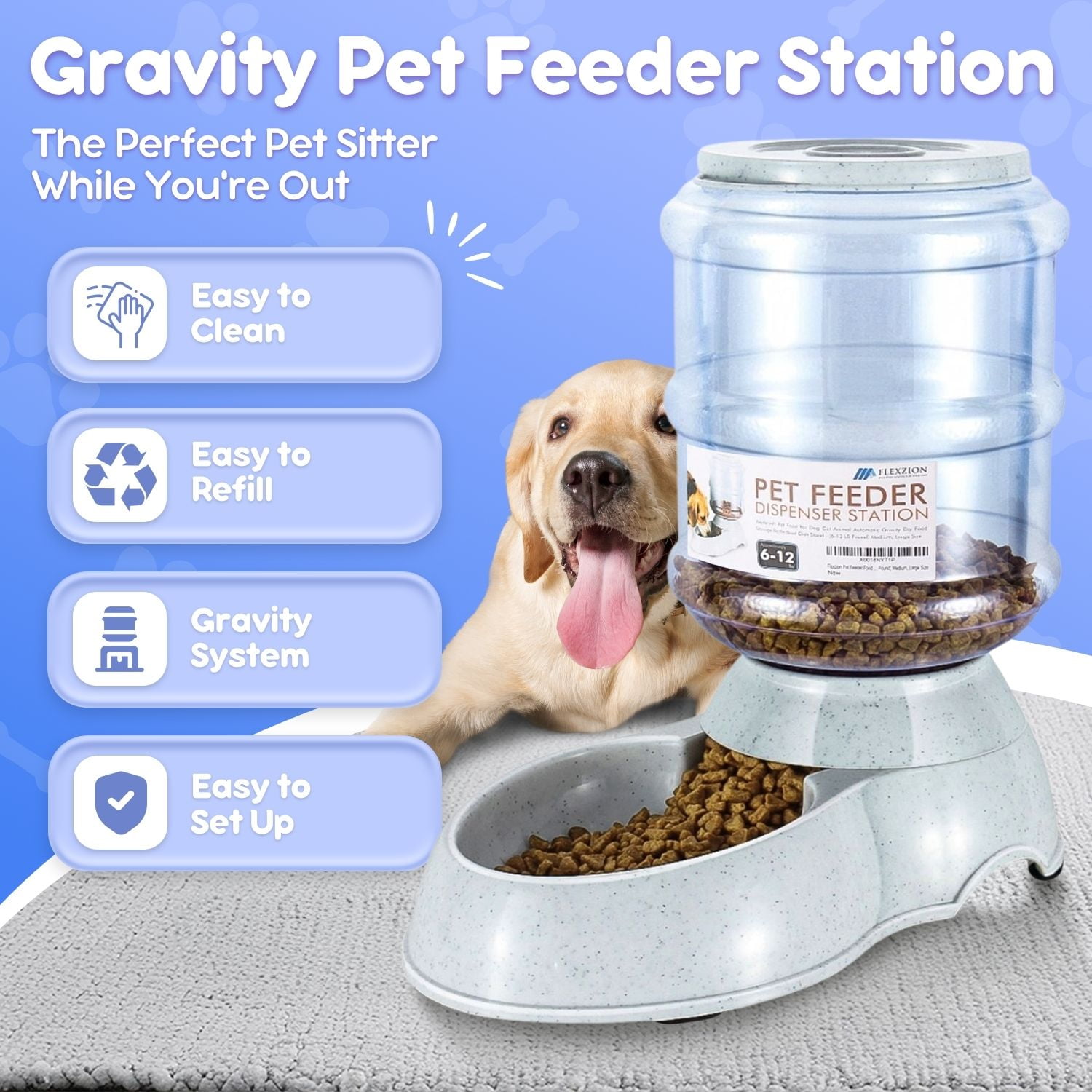 Gravity Dog Feeder, Automatic Replenish Large Dog Food Dispenser, Non-Skid, Easy-Clean, Large Capacity Dry Food Storage Bowl for Large Pet, 3 Gallon