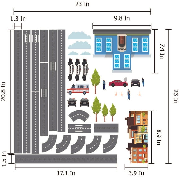 THE CITY - DIY Build A City Police Station Vinyl Decal Adhesive Kids Bedroom Wall Decal Sheet - Stick And Peel And Removable Police Station Home Bedroom Repositionable Wall Sticker 23" x 23"