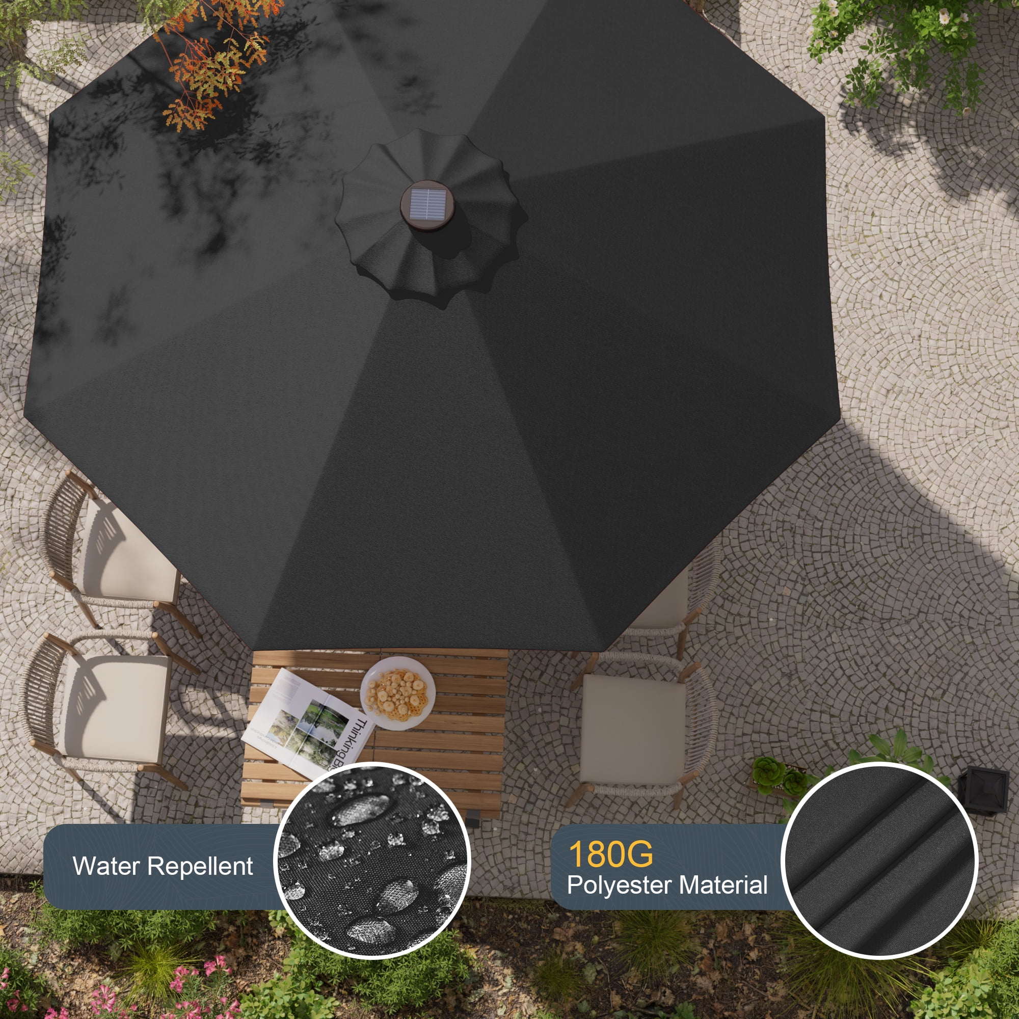 ACEGOSES 9ft LED Outdoor Patio Deck Solar Light Umbrellas w/ Tilt,Crank and 8 Ribs,Black