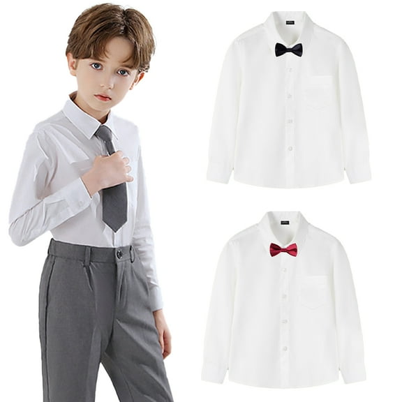 YTDSCS Boys Long Sleeve White Dress Shirts with Bowtie for Kids Baby Button down Uniform Shirt Boys White Cotton Perform Dress Shirt Spring Fall Cardigan Tops for Teenagers Size 3-16