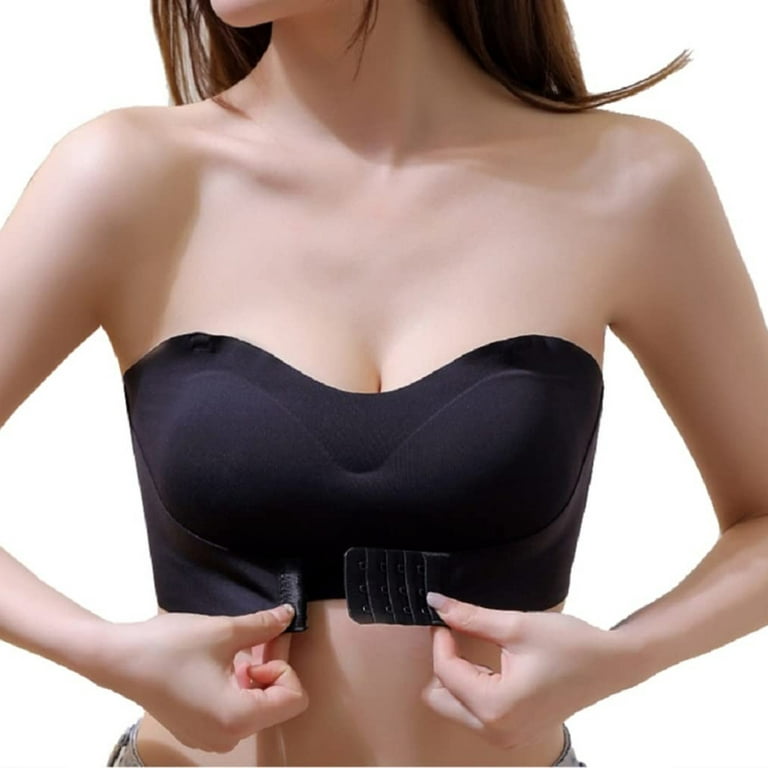 Qcmgmg Push Up Strapless Bra Solid Full Coverage Bandeaus Front Closure  Wireless Bra Black S