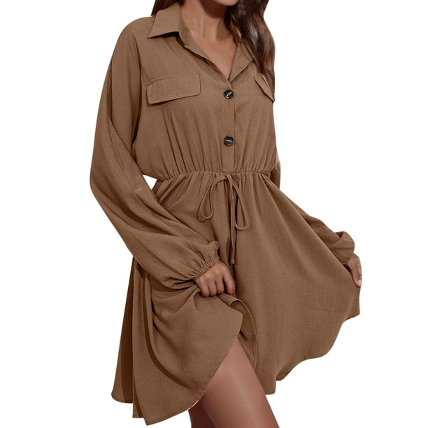 Gibobby Vestido de gasa de verano para mujer Vestido de manga larga delgado con cintura de encaje elegante casual para mujer(Caqui,G)
