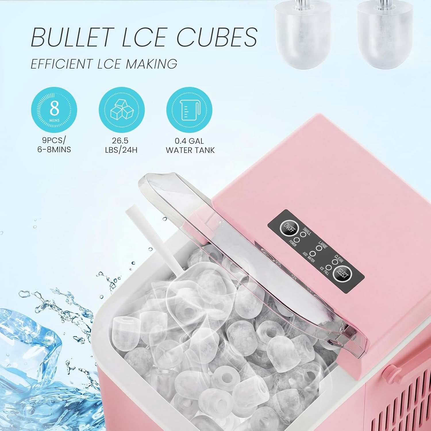 Portable Ice Maker Countertop Machine, Makes 9 Bullet Ice Cubes in 6 Minutes, 26lbs Daily, Auto-Cleaning, with Handle and Basket, for Home Kitchen RV Camping, White