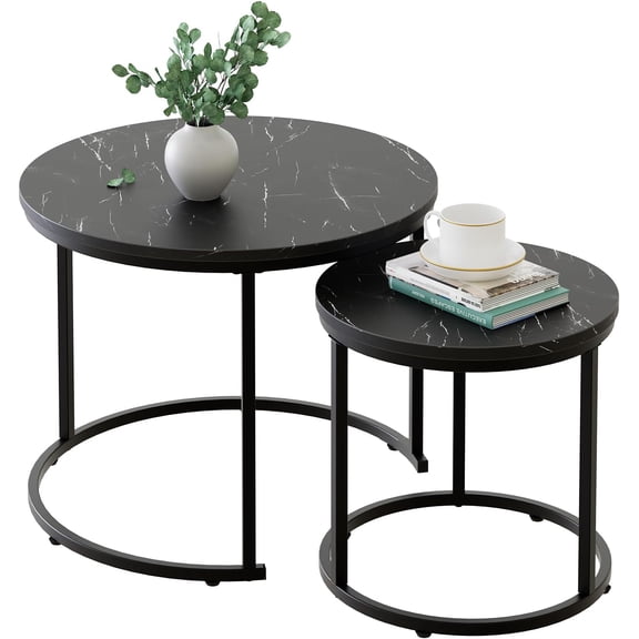 Round Nesting Coffee Table Side Set of 2 End Tables for Room Balcony,Black Faux Marble Wooden Table 23.6IN Accent Large Coffee Table with Frame