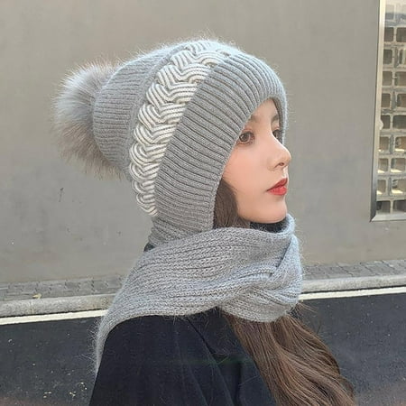 

Aueoeo Knit Hat All-Match Lovely Knitting Thickening Hat Scarf Anti-Cold Ear Protection Neck Thick Woolen Cap Scarf One-Piece Cap Clearance