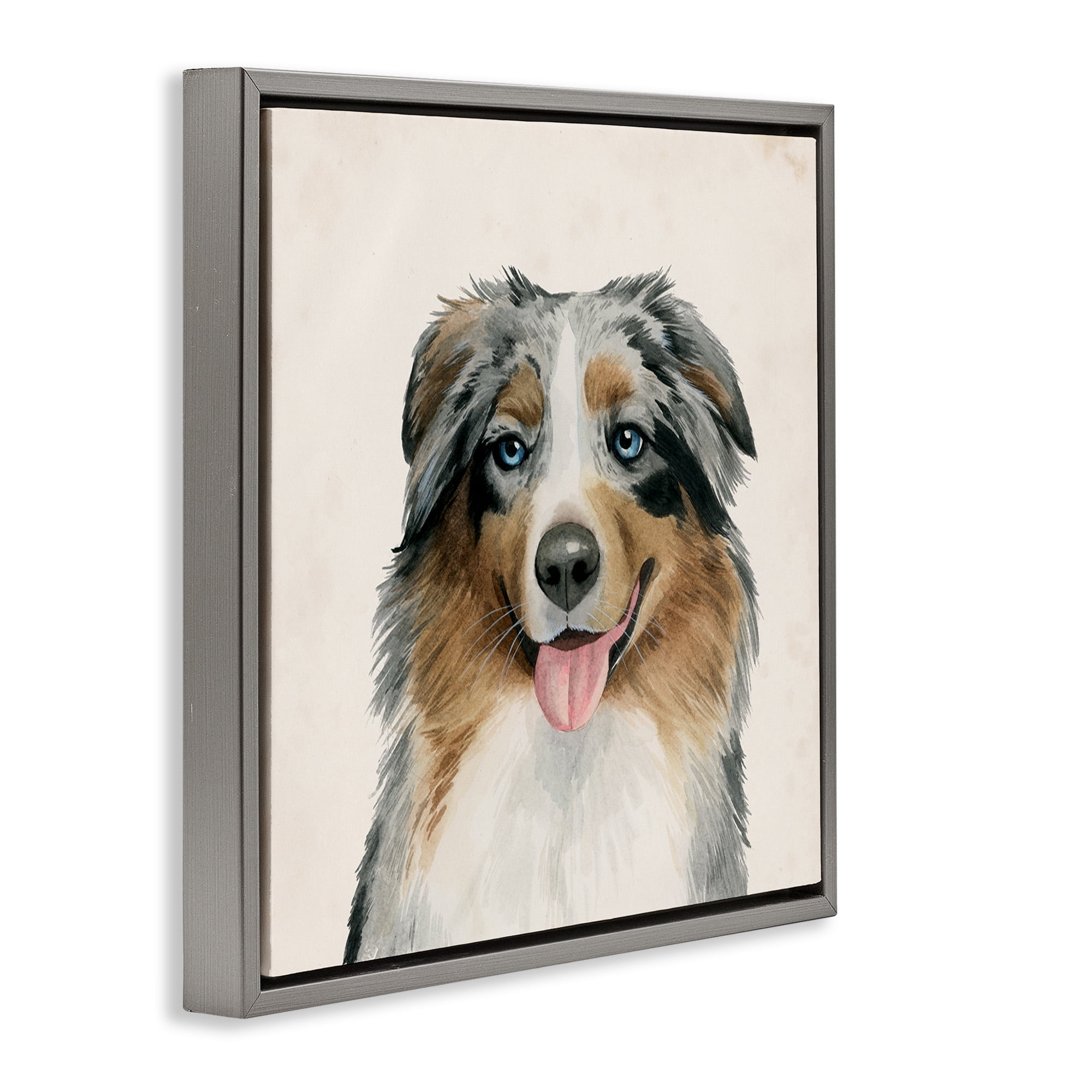 Stupell Industries Charming Australian Shepard Dog Animals & Insects Painting Gray Floater Framed Canvas Art Print Wall Art, 18 x 18
