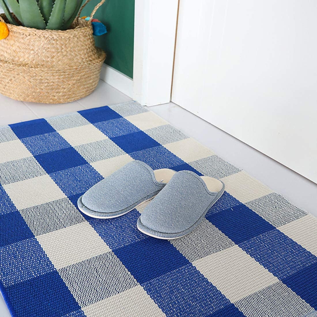 Ukeler Cotton Farmhouse Blue Buffalo Plaid Rugs- Washable Buffalo Check Area Rugs for Kitchen/Bathroom/Laundry Room/Entry Way, 23.6'' x 51.2''