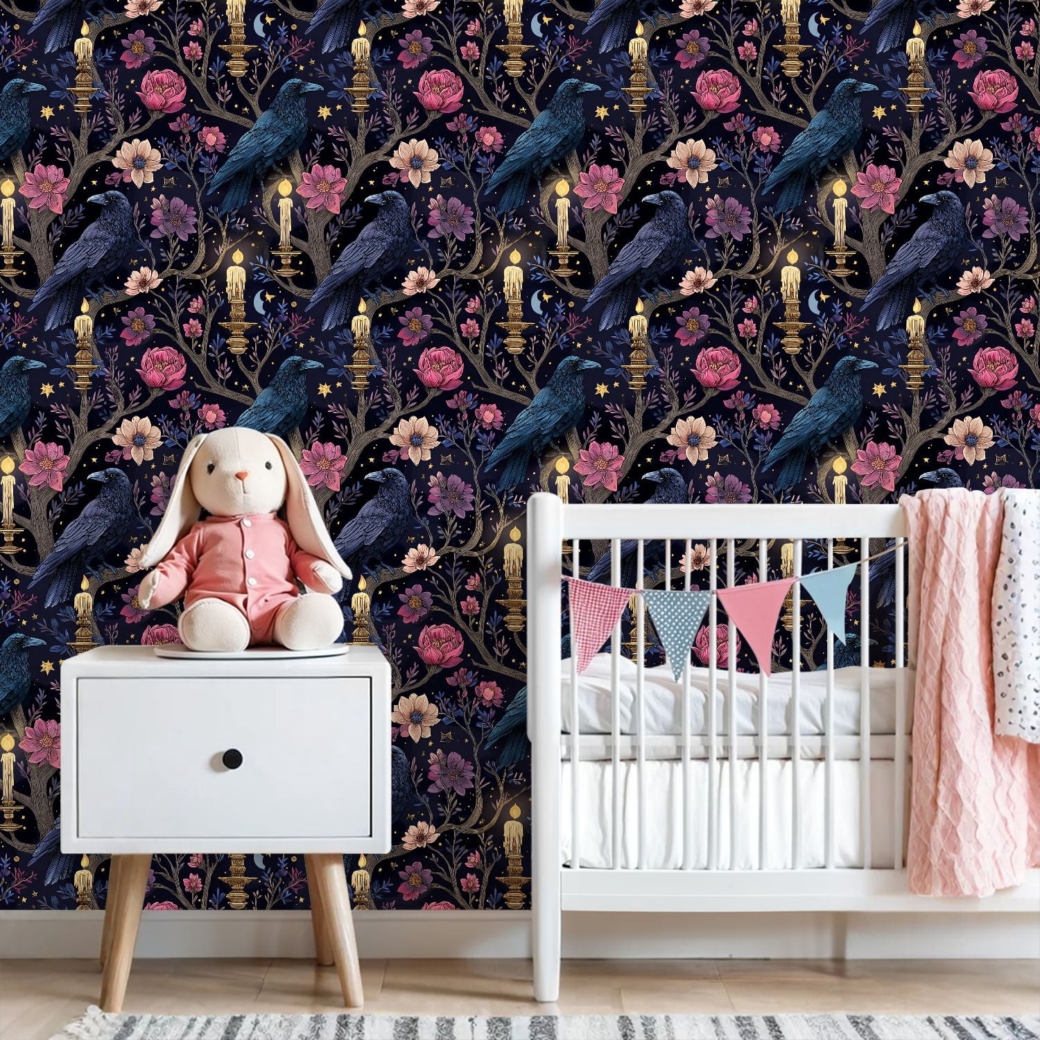 Peel and Stick Wallpaper Raven Floral Candles Starry Night Wall Mural 23.6in x 9.8ft Self Adhesive Removable Wall Paper Renter Friendly Wallpaper for Nursery Bedroom Cabinets
