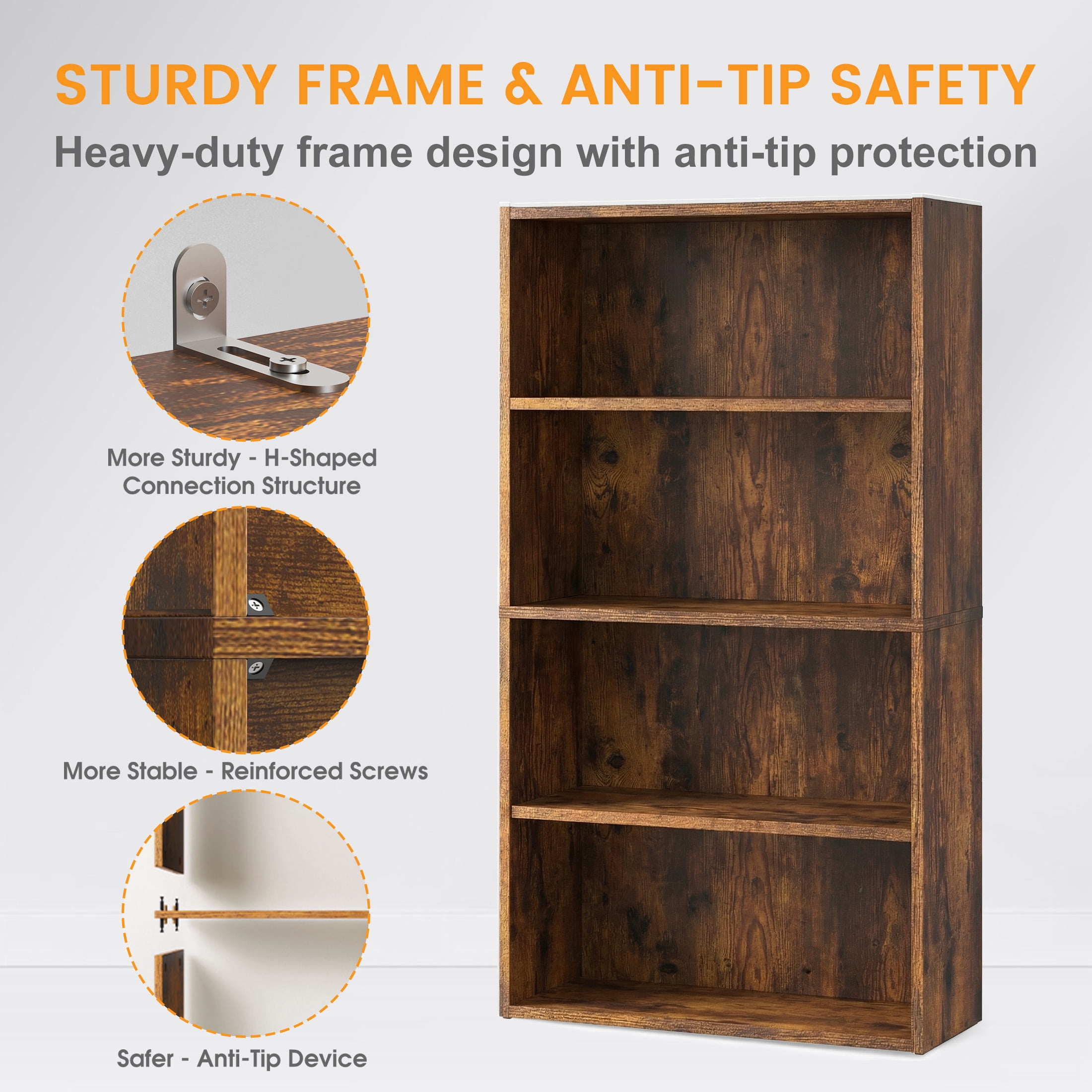 CONCETTA 4 Shelf Bookcase, 42 Inch Tall Floor Standing Open Bookshelf for Home Office and Living Room, Classic Rust