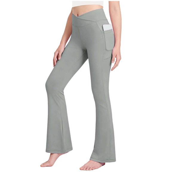 dazeni Girl's Athletic Leggings Flare Pants with Pockets High V Waisted Yoga Bootcut Pants Youth Full Length Bell Bottoms Legging Gray