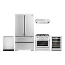 Cosmo 5 Piece Kitchen Appliance Package with 36" Freestanding Dual Fuel Range 36" Under Cabinet Range Hood 24" Built-in Integrated Dishwasher French Door Refrigerator & 48 Bottle Wine Refrigerator