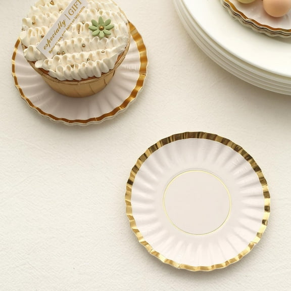 Efavormart 50 Pack | 3.5" White / Gold Scalloped Rim Mini Paper Dessert Plates, Disposable Round Tapas Party Plates - 250 GSM