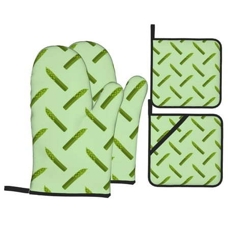 

Oven Mitts and Pot Holders 4 pcs Set Asparagus Pattern green Heat Resistant Pot Holders Oven Mitts for kitchen Non-Slip Hanging Loop Oven Glove Potholders for Baking Cooking